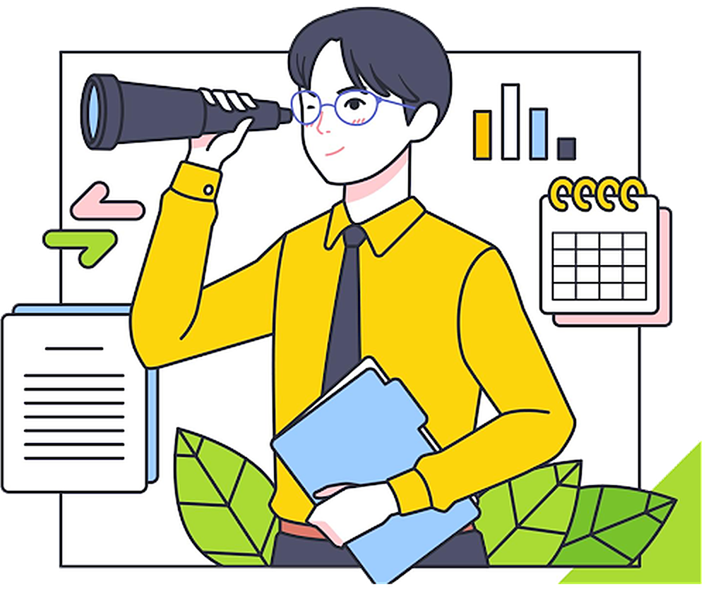 A learner scanning the horizon through a telescope, surrounded by charts, a calendar and course material