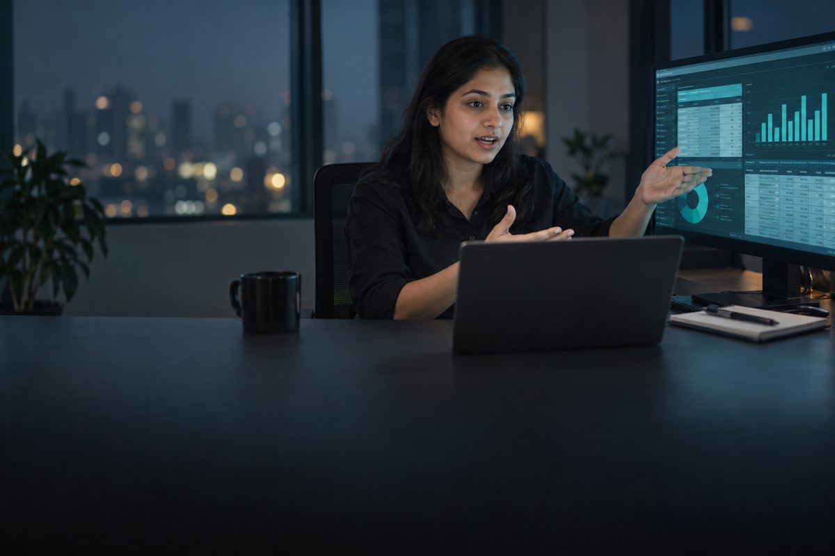 An instructor teaching a live online class, gesturing towards a finance dashboard on the monitor beside her
